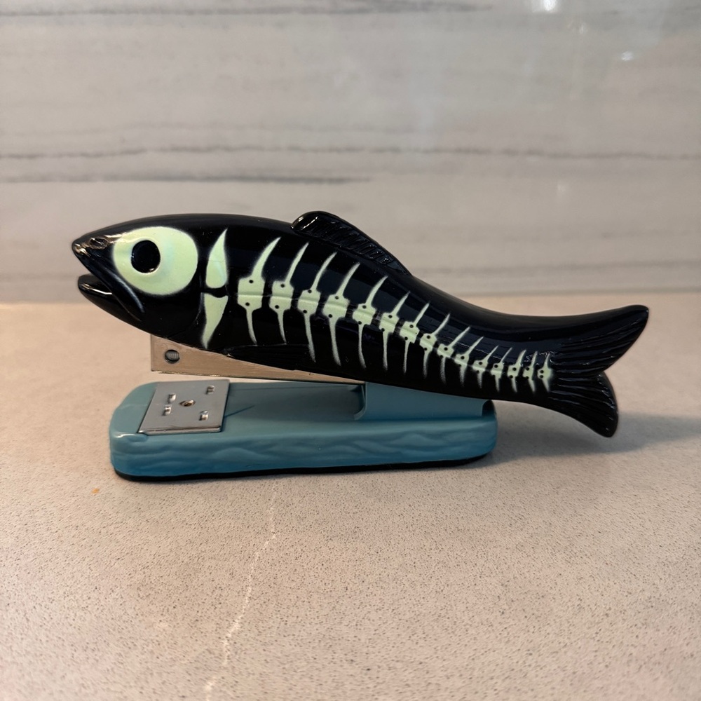 Fish Glow in the Dark Skeleton Stapler Unique Gift Black, Blue, White Fisherman